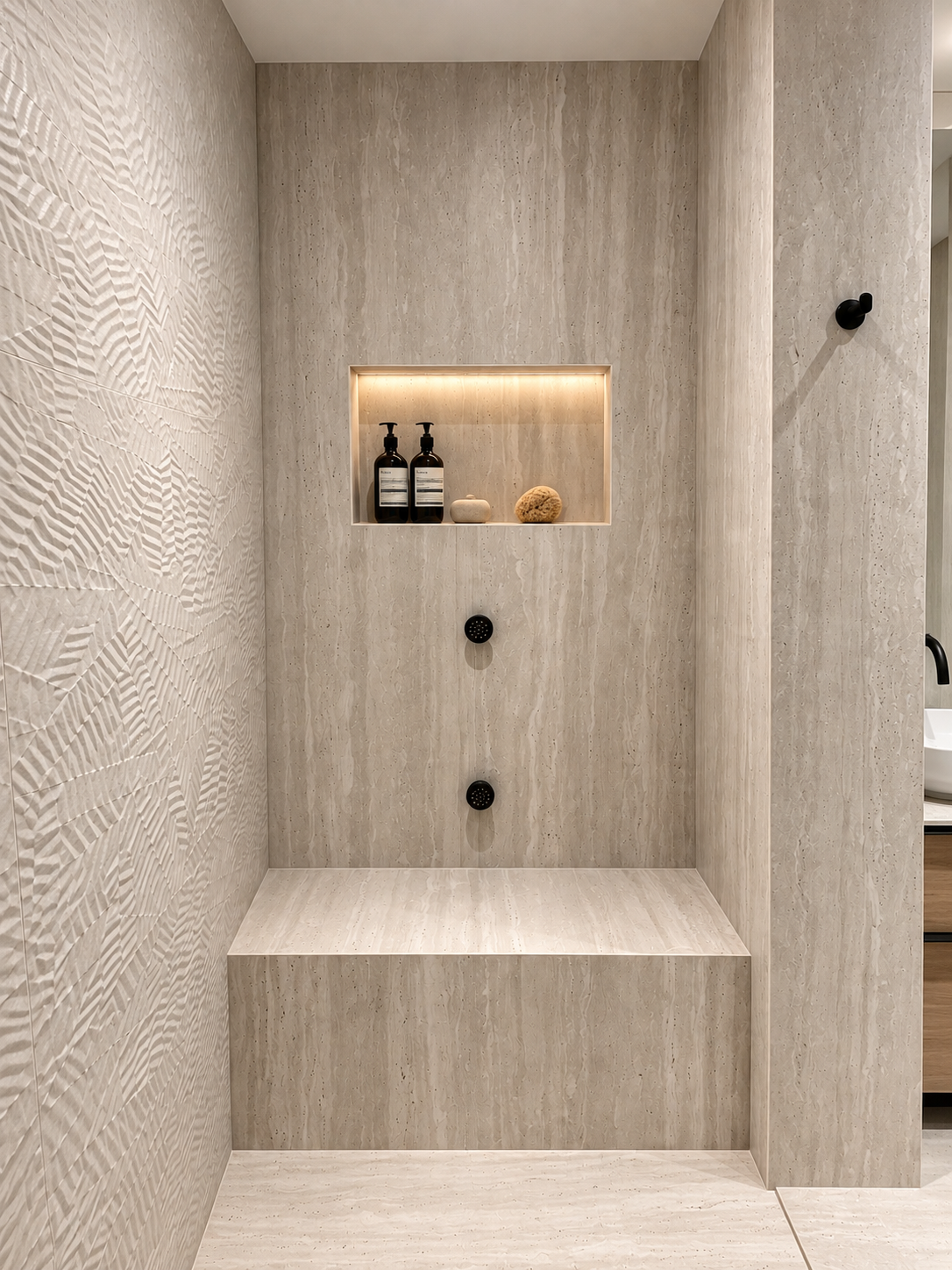 Travertine shower with built-in bench and recessed niche