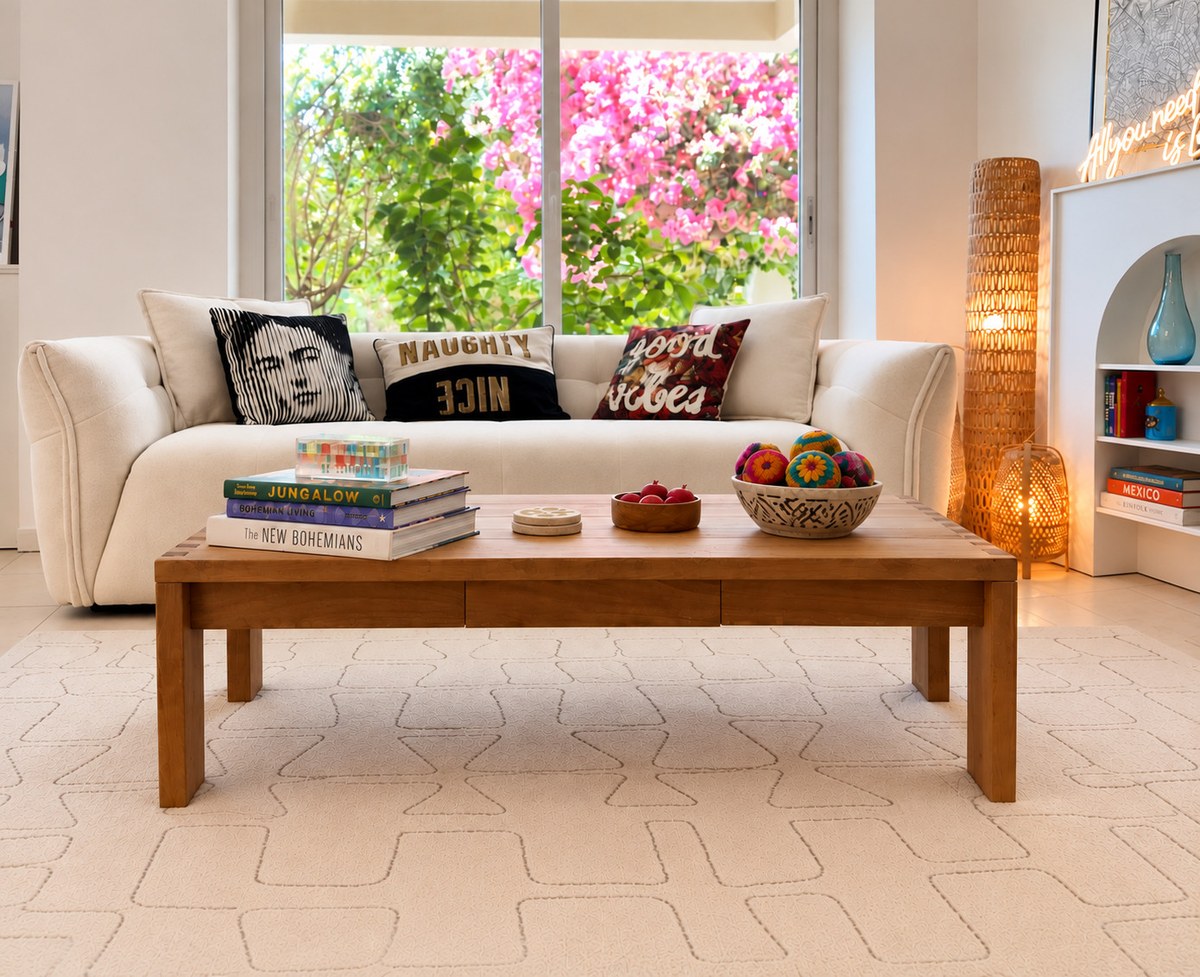 Wooden coffee table facing white sofa, Al Barsha Villa living room