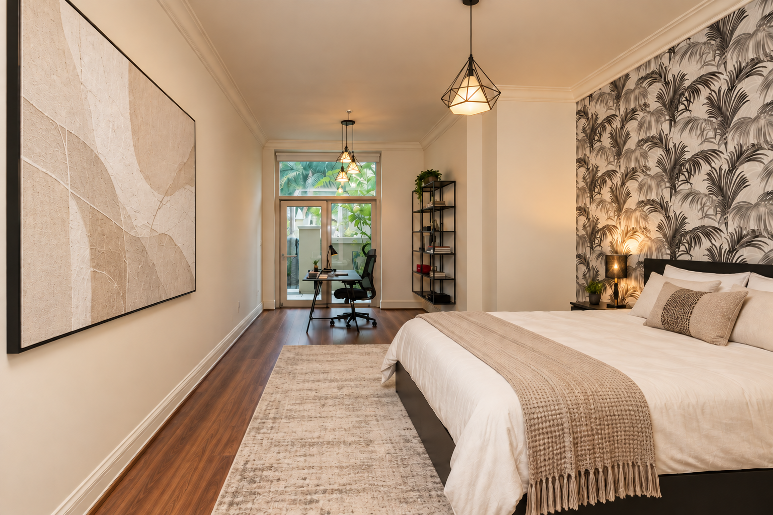 Bedroom with statement artwork, bed against patterned accent wallpaper, pendant lights, and integrated workspace