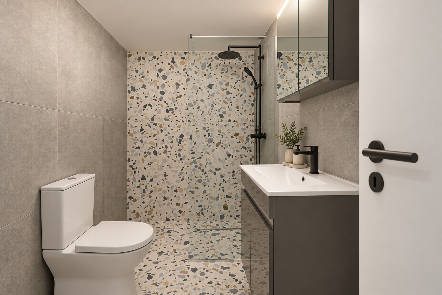 Athens Residence bathroom with vanity, toilet, washing machine and terrazzo shower area