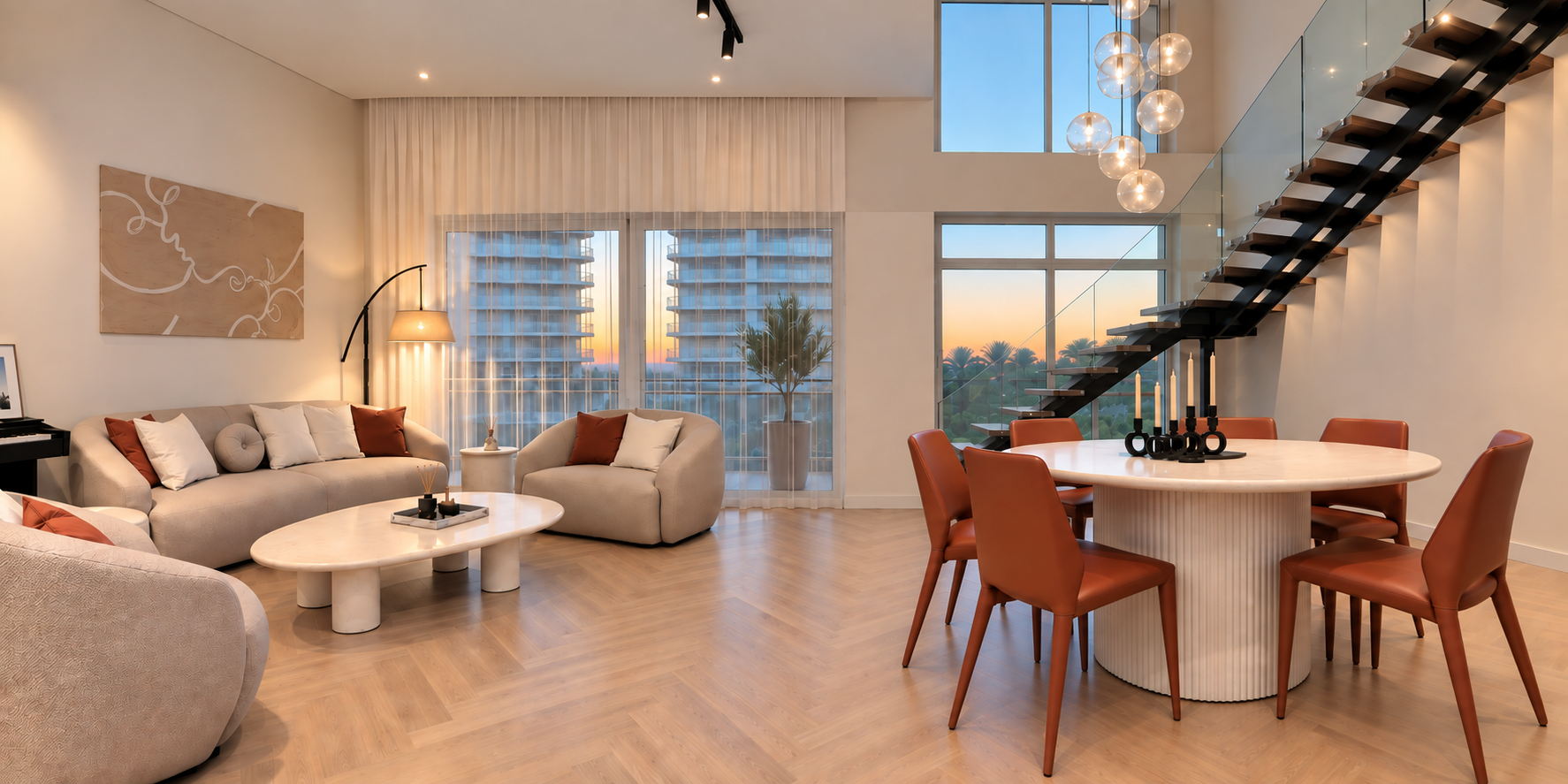 Contemporary living area in Jumeirah Heights Residence featuring warm natural materials and bespoke detailing
